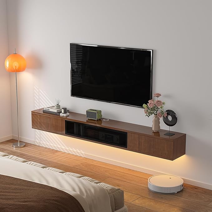 High Gloss Floating TV Stand,47'' Wall Mounted TV Console,Under TV Floating Shelf,Floating TV Cabinet with 3 Doors for Bedroom Living Room(Walnut)