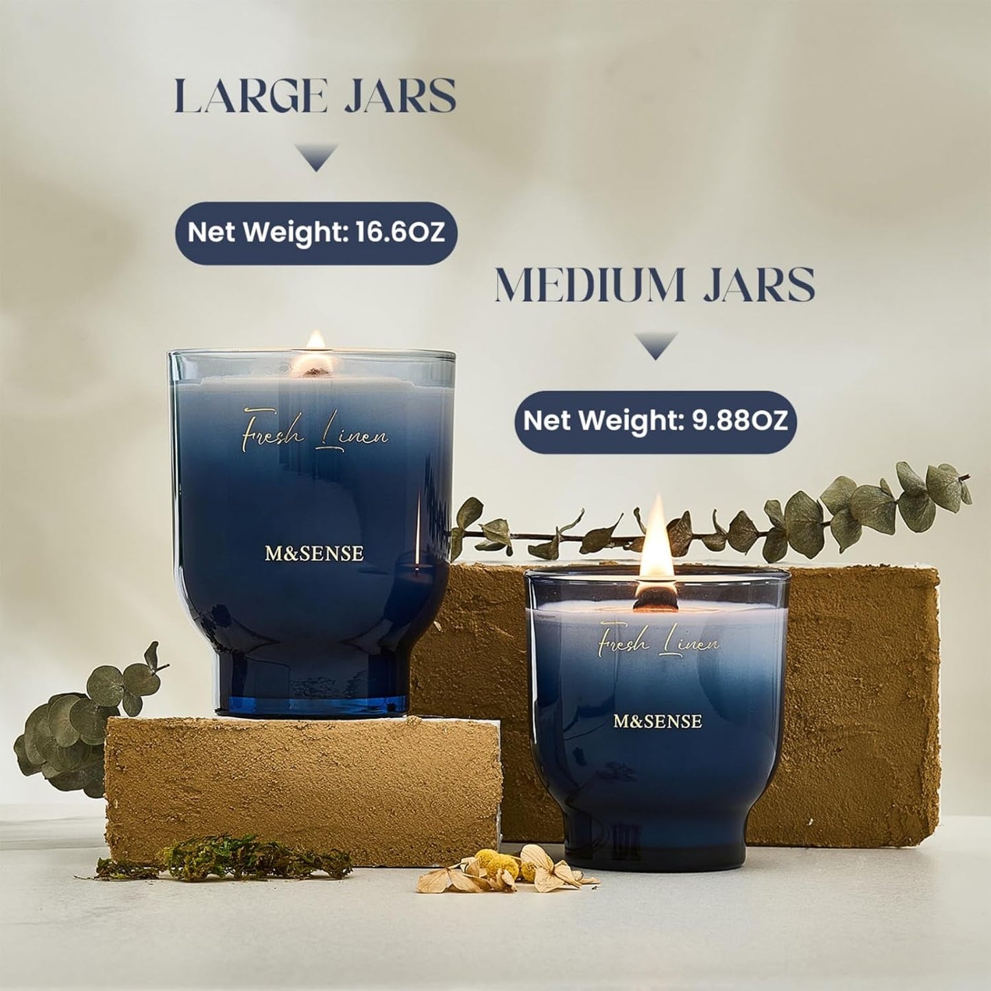 M&SENSE 16.6oz Natural Soy Large Jar Candle with Wooden Wick | Fresh Linen Scent | 95-Hour Burn & Long-Lasting Burn | Housewarming Gift for Men and Women