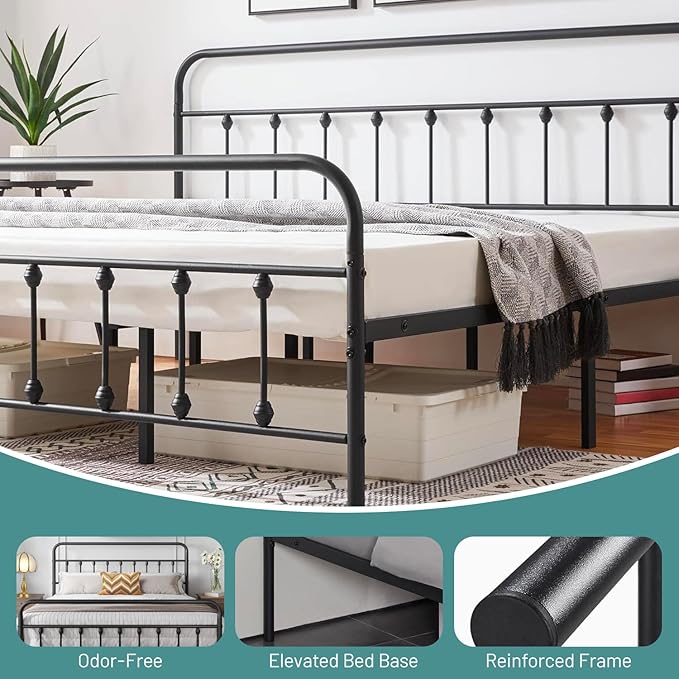 Queen Bed Frame-Classic Metal Platform Bed Frame Mattress Foundation with Victorian Style Iron-Art Headboard/Footboard/Under Bed Storage/No Box Spring Needed/Black