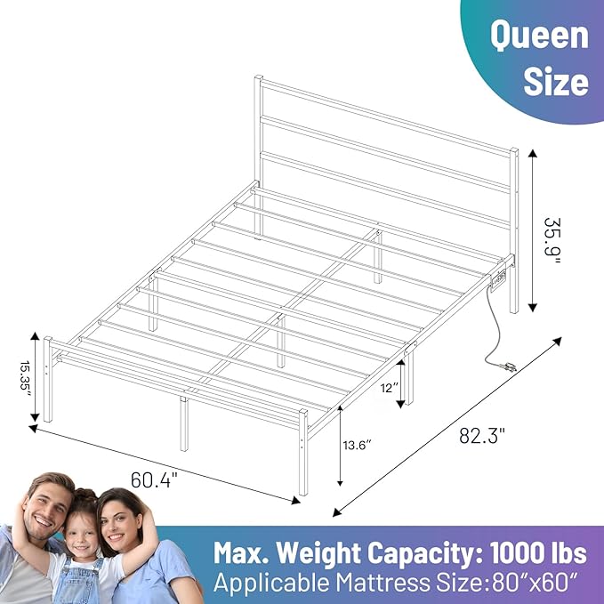 Queen Bed Frame with Headboard,Heavy Duty Steel Slats Support-LED Bed Frame with USB Charging Station,Mattress Foundation-Under Bed Storage,No Box Spring Needed,Noise Free,White