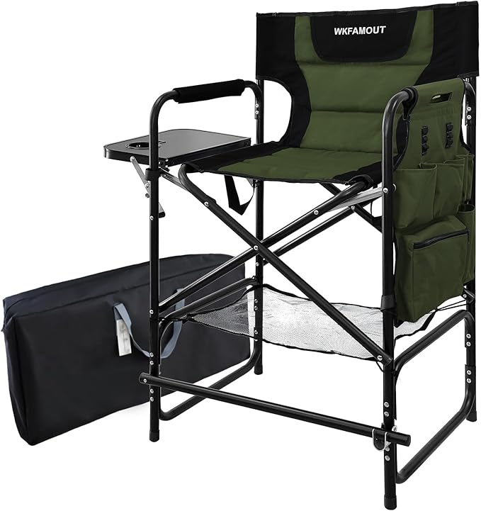 Tall Folding Directors Chair with Side Table 26.77" Seat Height Foldable Camping Chair Bar Stool for Makeup Artist Face Painting with Footrest and Storage Pocket Supports 350LBS