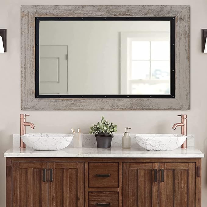 YOSHOOT Rustic Wooden Framed Wall Mirror, Natural Wood and Iron Bathroom Vanity Mirror for Farmhouse Decor, Vertical or Horizontal Hanging, 53" x 28", Grey