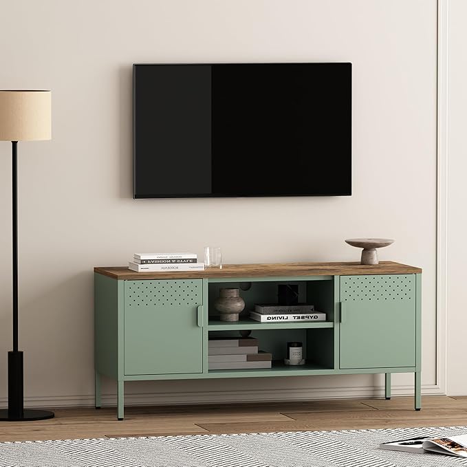 Manhattan Comfort Landen 47" Modern Metal TV Stand with Storage Cabinets & Open Shelves, Holds Up to 40" Screen, TV Console with Natural Wood Top, Cable Management, Adjustable Legs, Green