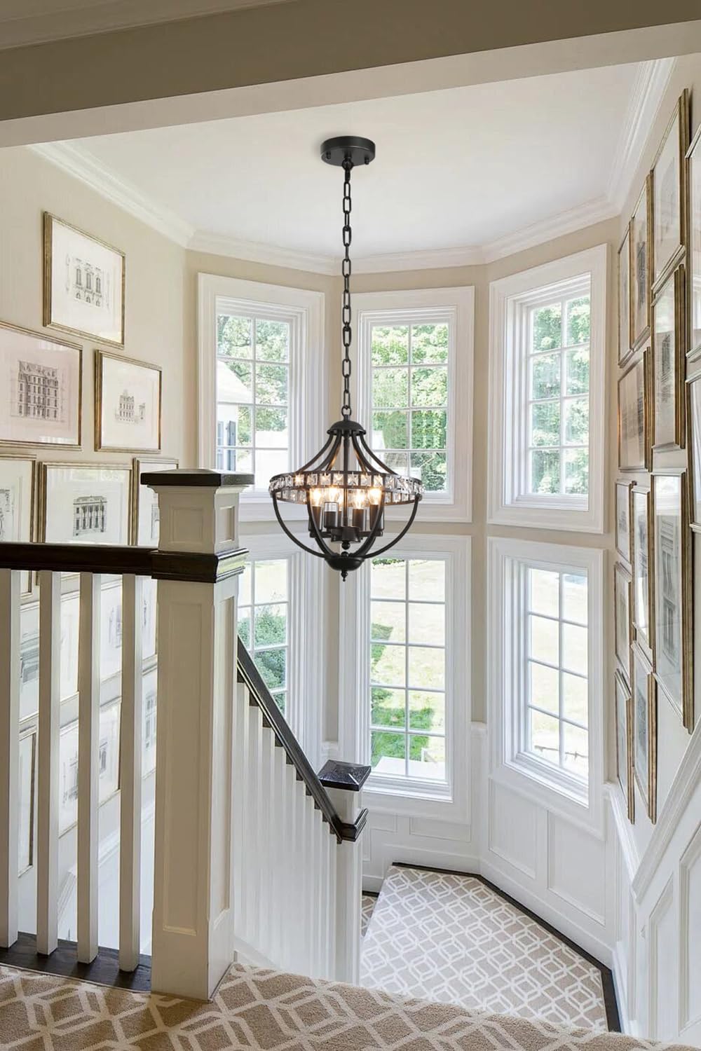 Farmhouse Crystal Ceiling Hanging Chandelier,16inch Black Rustic Vintage Pendant Light Fixture for Living Room Bedroom Dining Room Dining Foyer Kitchen Entry （5-Light）