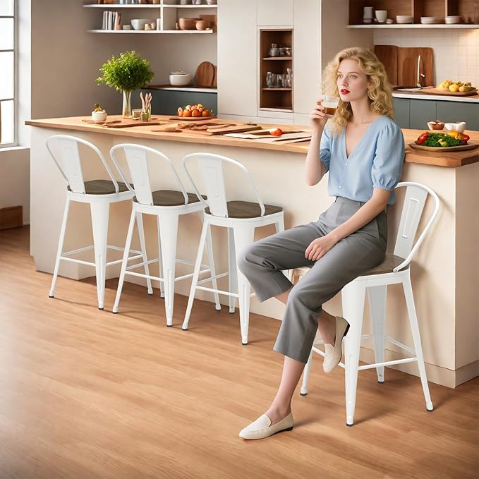 30” Swivel Bar Stools Set of 4, Counter Height Bar Stools Wooden Seat, Metal Industrial Bar Chairs with High Back for Kitchen Island (White)