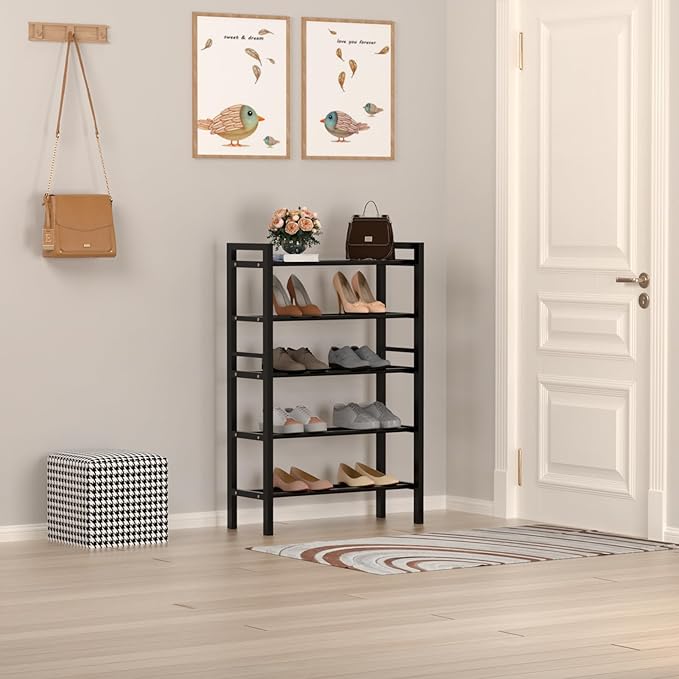 Haddockway Bamboo Shoe Rack for Closet, Free Standing Shoe Organizer with Smooth Round Rods & Convenient Handles, Stackable Shoe Storage Shelf for Entryway, Hallway(Black, 5-Tier(Small))
