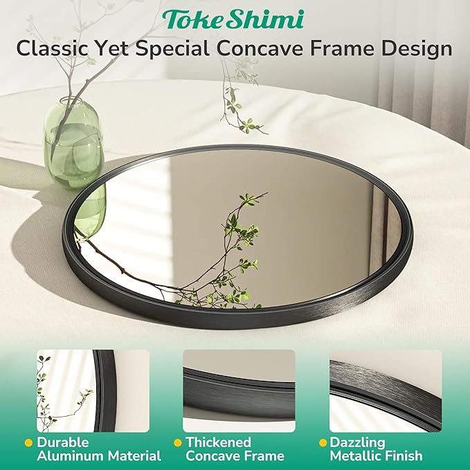 TokeShimi 16 in Round Black Bathroom Mirror Framed, Modern Circle Wall Mirror Farmhouse Aluminum, 16 x 16 Shatterproof Round Bathroom Vanity Mirrored for Restroom, Bedroom, Entryway, Living Room
