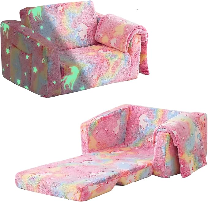Toddler Couch Fold Out, Foldable Toddler Chair with Blanket, Kids Couch for Girls & Boys, Flip Out Kids Sofa, Convertible Sofa to Lounger for Children Age 1-3 (Glow Pink)