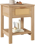 IBUYKE Rattan Nightstand, Boho Night Stand with Drawer, Wood Bedside Tables with Storage Shelf, End Table with Legs for Bedroom, Natural UWNS011N