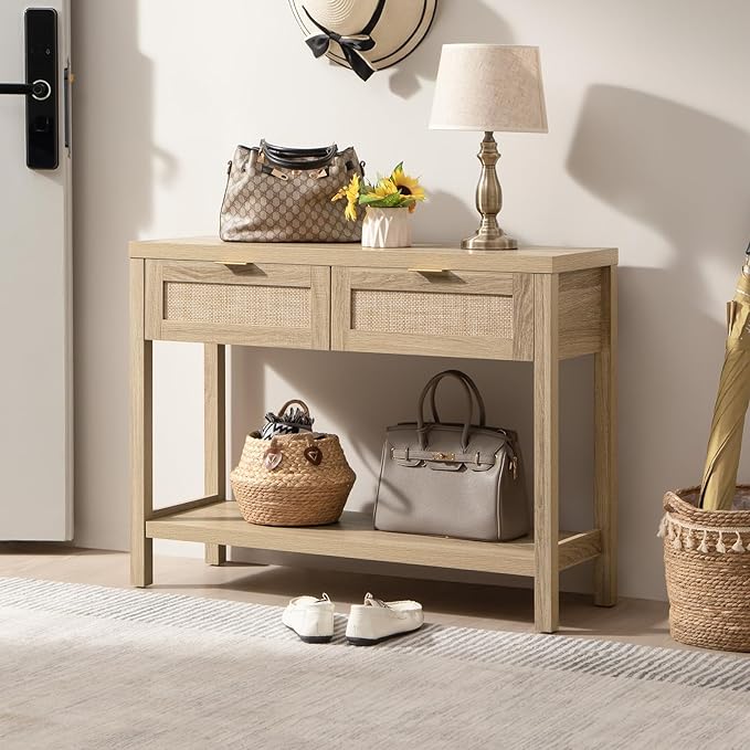 SICOTAS Console Table Set of 2 - Boho Entryway Table with Storage and Rattan Drawers, 2 Tier Shelf, Narrow Long Sofa Tables for Living Room, Natural Entry Table for Hallway, Foyer