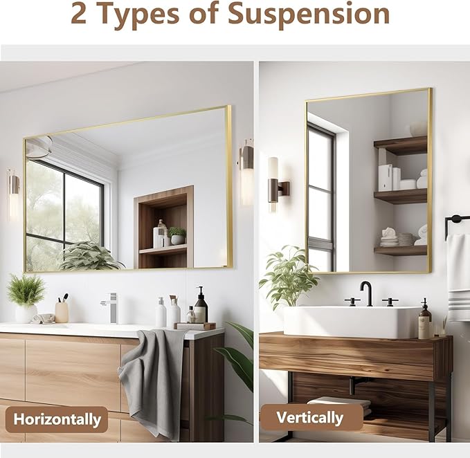 Gold Bathroom Mirror, 26"x38" Rectangle Mirror, Brushed Gold Mirror, Metal Frame Square Corner Vanity Mirror, Wall Mounted Mirror for Modern, Living Room, Bedroom, Horizontal Or Vertical