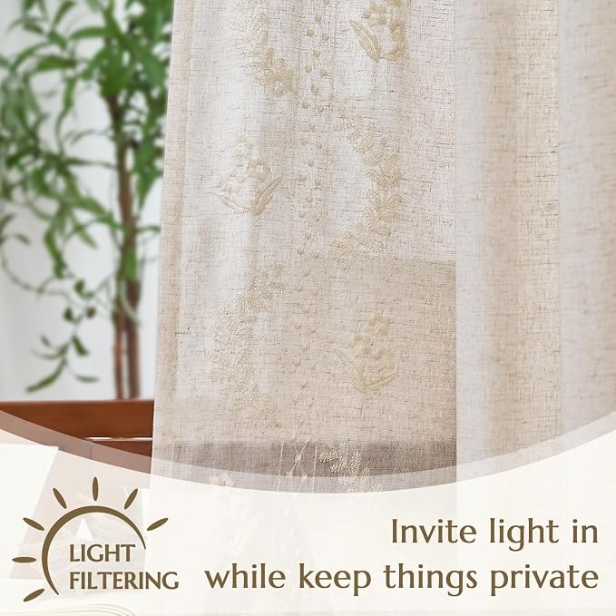 jinchan Belrose Linen Curtains for Bedroom Floral Curtains 96 Inch Length Linen - Image 5