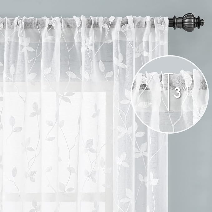 HOMEIDEAS White Sheer Curtains 52 X 84 Inches Length 2 Panels Embroidered Vine - Image 5