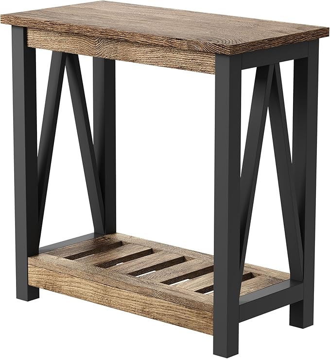 ChooChoo Farmhouse End Table Set of 2, Rustic Vintage Narrow End Side Table with Storage Shelf for Small Spaces for Living Room, Bedroom Rustic Oak & Black