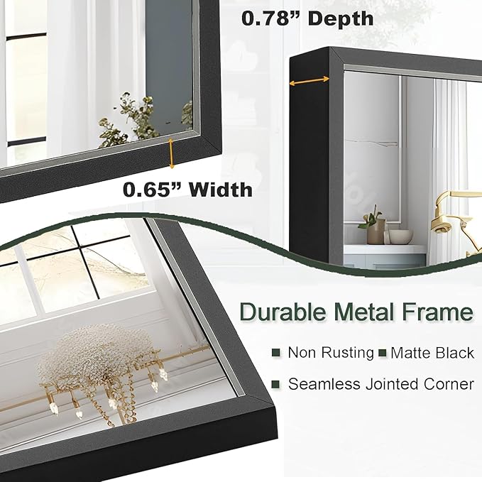 Modern 26"L x 40"W Black Wall Mounted Mirror, Rectangular, Framed, Thickened Stainless Steel Frame, Bathroom Use, Grooming, Home Decor