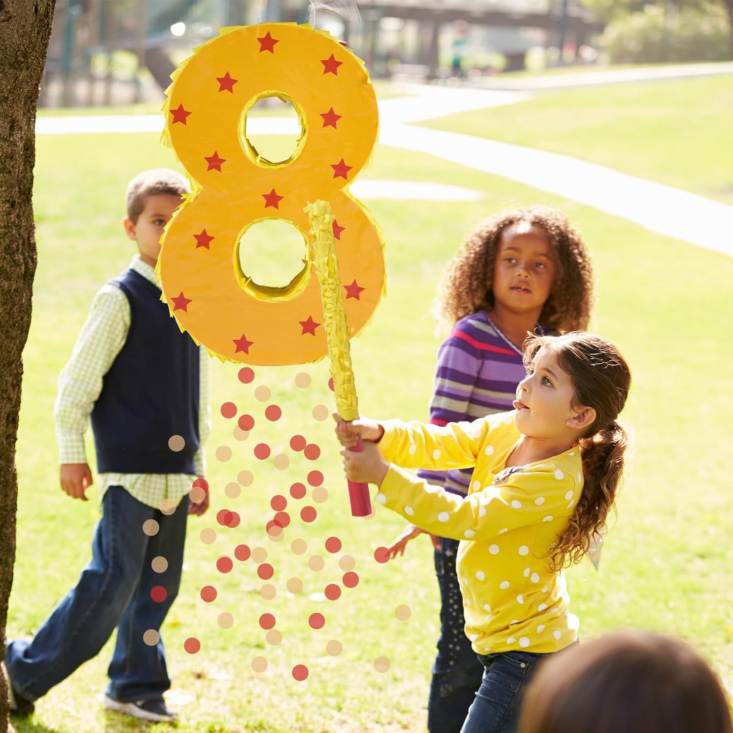 Orange and Red Star Number 8 Pinata, 16 Inch Piñata for 8th Birthday Party Decorations with Stick, Blindfold and Confetti (15.7 inch Number 8 Pinata)