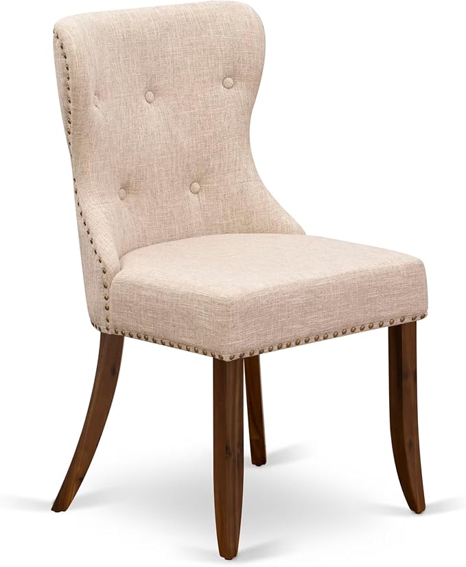 NESI9-AWA-04-9-Piece Dining Table Set Consists of a Modern Kitchen Table and 8 Light Tan Linen Fabric Dining Chairs with Button Tufted Back - Antique Walnut Finish