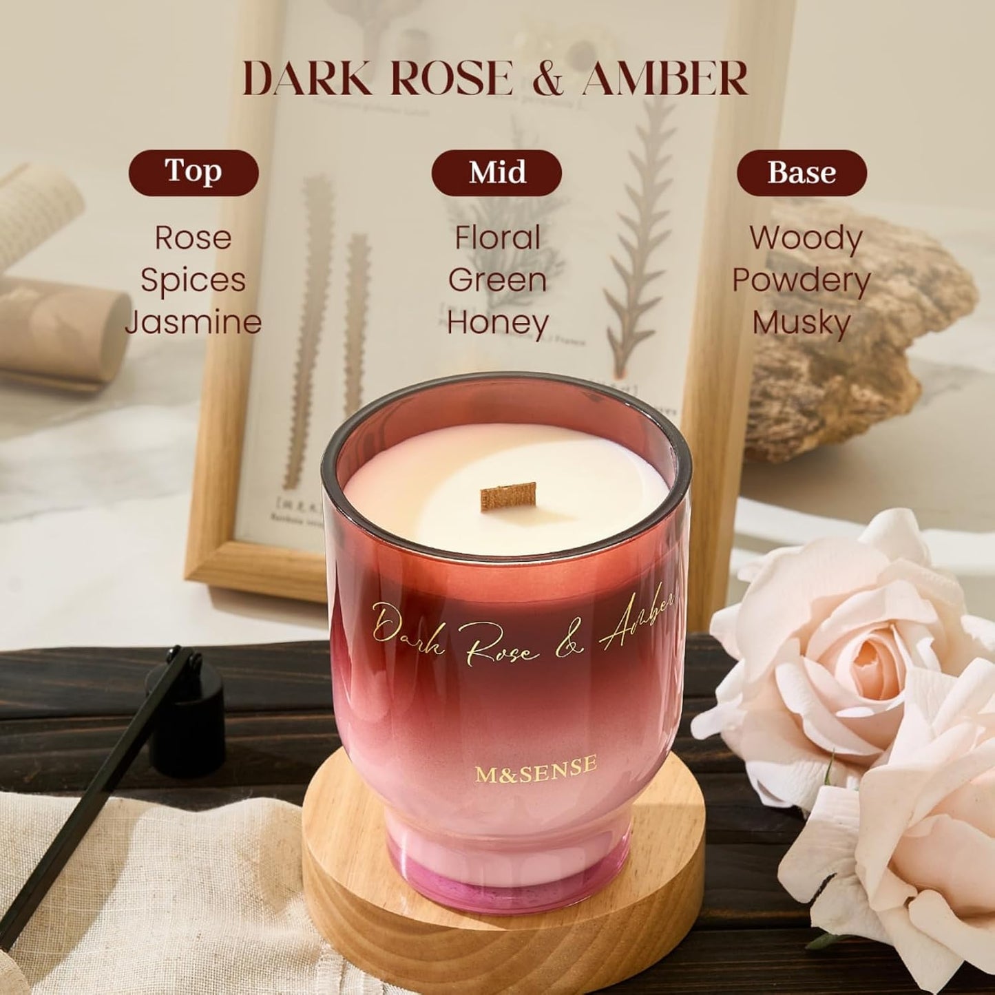 M&SENSE 16.6oz Natural Soy Large Jar Candle with Wooden Wick | Dark Rose Amber Scent | 95-Hour Burn & Long-Lasting Burn | Housewarming Gift for Men and Women