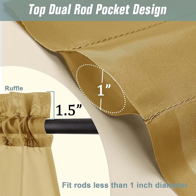 Gold Sheer Curtains 63 Inch Length 2 Panels, Voile Sheer Curtain - Image 3
