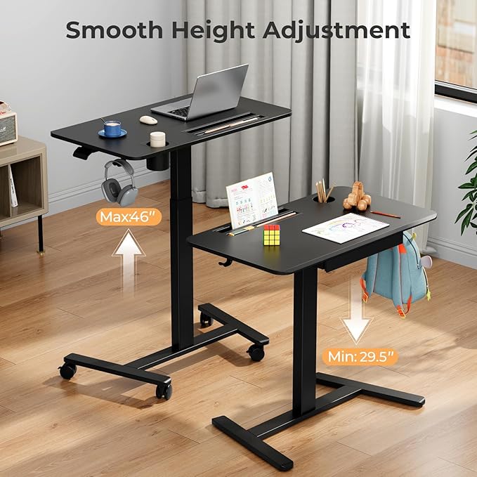 Mobile Standing Desk with Drawer, 35" Small Standing Desk with Cup Holder, Rolling Laptop Cart on Wheels, Height Adjustable Table with Storage for Home Office, Black
