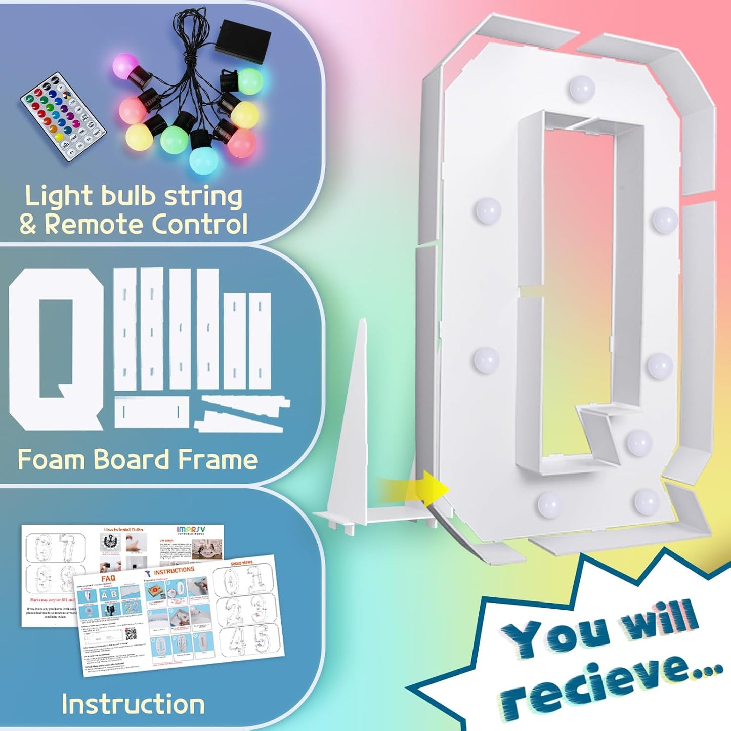 imprsv 3FT Colorful Marquee Light Up Letters Q, 18 Colors Light Up Sign Alphabet Sign with Remote, One Letters First Birthday, Large Letters for Birthday Engagement Anniversary Wedding Party Decor