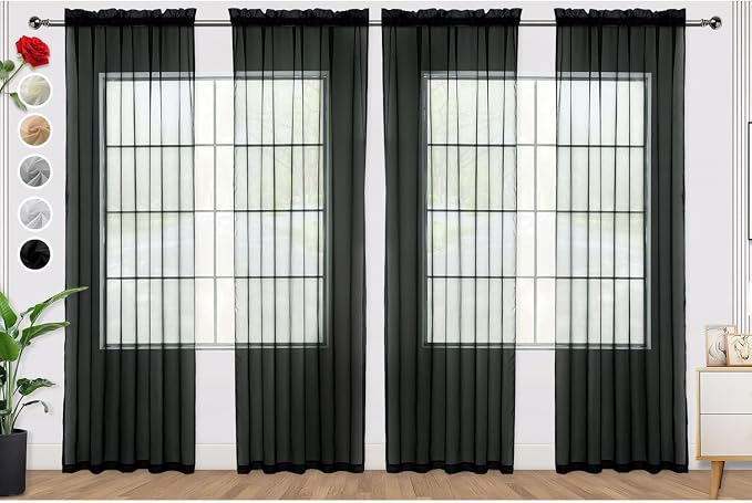 SpaceDresser Black Sheer Curtains 4 Panels Rod Pocket Semi-Sheer Curtain 45 by SpaceDresser