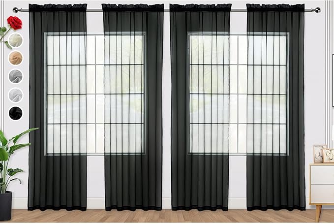 SpaceDresser Black Sheer Curtains 4 Panels Rod Pocket Semi-Sheer Curtain 108 by SpaceDresser