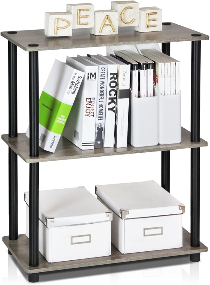 Furinno Turn-N-Tube Display Rack, 3-Tier Single, French Oak Grey/ Black