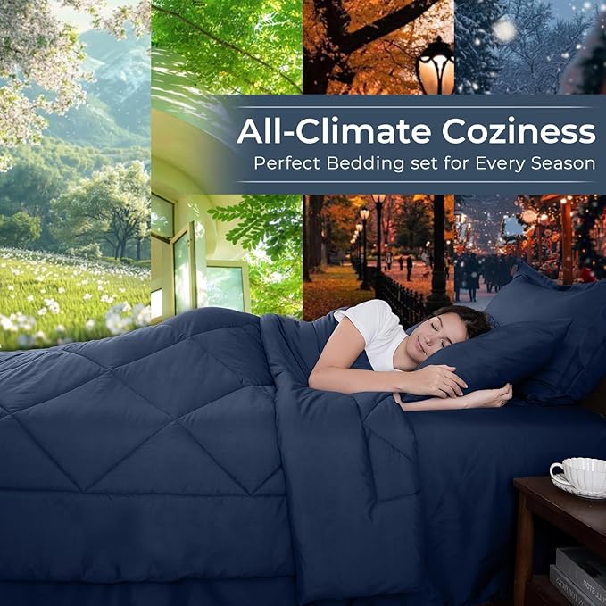 HEVUMYI Navy Blue Twin Comforter Set - 5-Piece All Season Bed in a Bag Twin, Ultra Soft Bedding Set with Comforter, Flat Sheet, Fitted Sheet, Pillowcases, Pillow Shams, Navy Blue