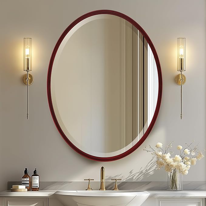 OVALCREST - Oval Wooden Beveled Wall Mirror for Home Decor, Bathroom, Vanity, Bedroom, Living Room, Hallway - London Style (Black Cherry) 21.1 x 25.1
