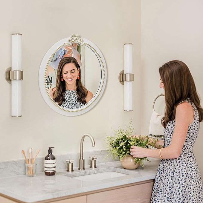 Vintage Round Wall Mirror 28inch Farmhouse Wooden Vanity Mirror for Wall Decor, Decorative Antique White Bathroom Mirrors, Traditional Art Home Decor for Dressing Table, Living Room or Bedroom