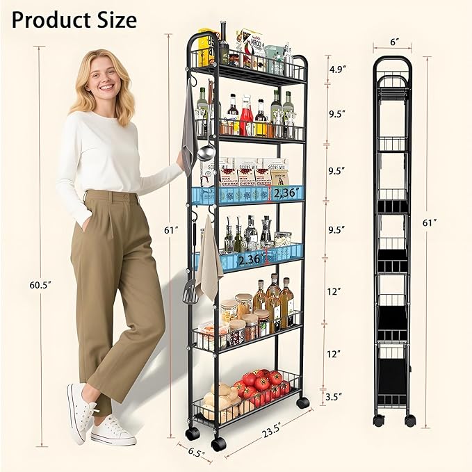 6-Tier Slim Storage Cart with Wheels, 6in Narrow Rolling Shelf,Sturdy Slim Storage Ideal for Kitchen, Bathroom, and Laundry Room,Champagne Gold