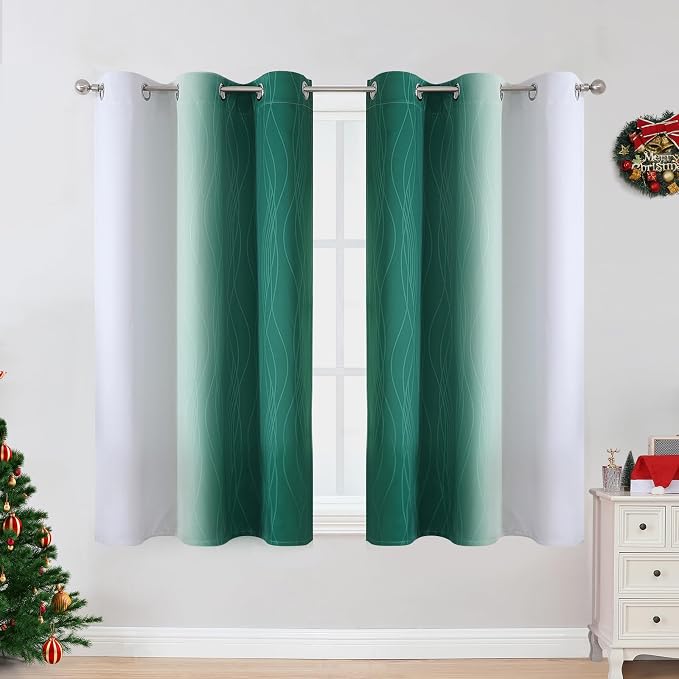 Estelar Textiler Green and Greyish White Ombre Blackout Curtains 45 Inch Length - Image 2