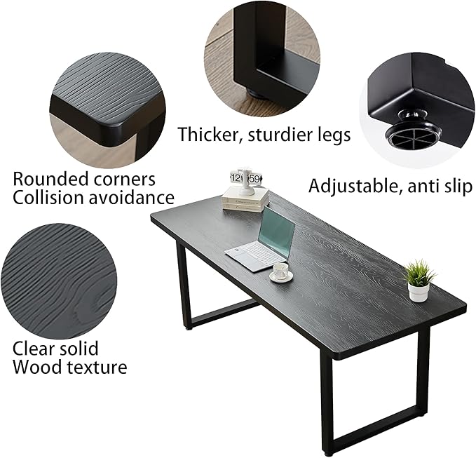 Modern Solid Wood Dining Table with Metal Base Stylish Durable Dining Room Table in Black Multiple Sizes Home Use Office Desk(55.12in)