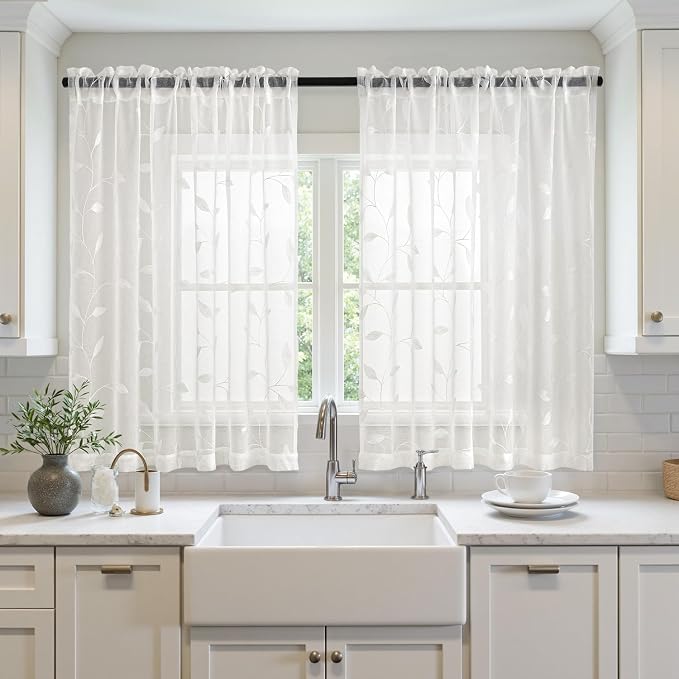 MIULEE Ivory Sheer Curtains 2 Panels Embroidered Leaf Patterned Rod Pocket - Image 2