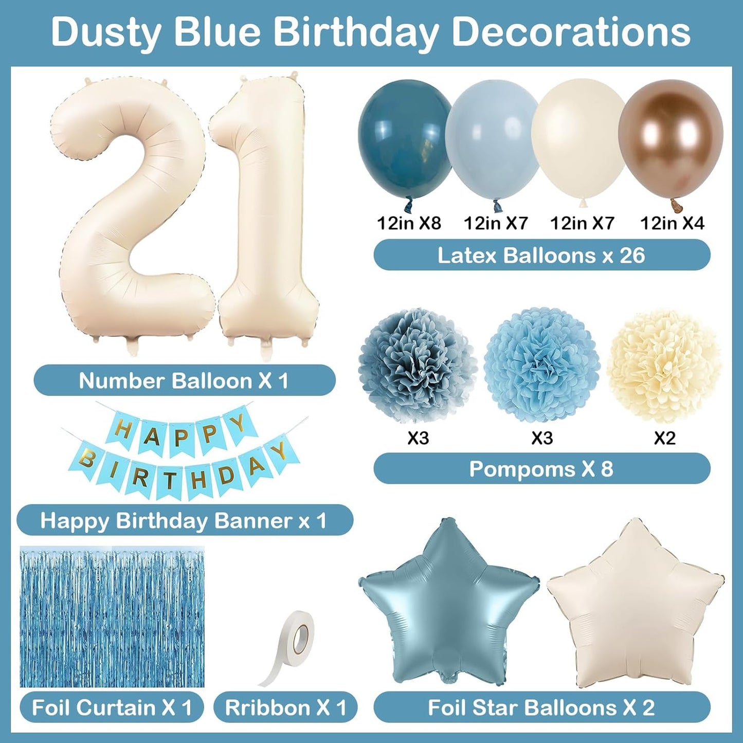 Dusty Blue 21st Birthday Decorations for Him Her Beige Cream Number 21 Balloon Blue Gold Happy Birthday Banner Fringe Curtain Paper Pom Poms Nude White Sand Champagne Star Foil Balloons Party Decor