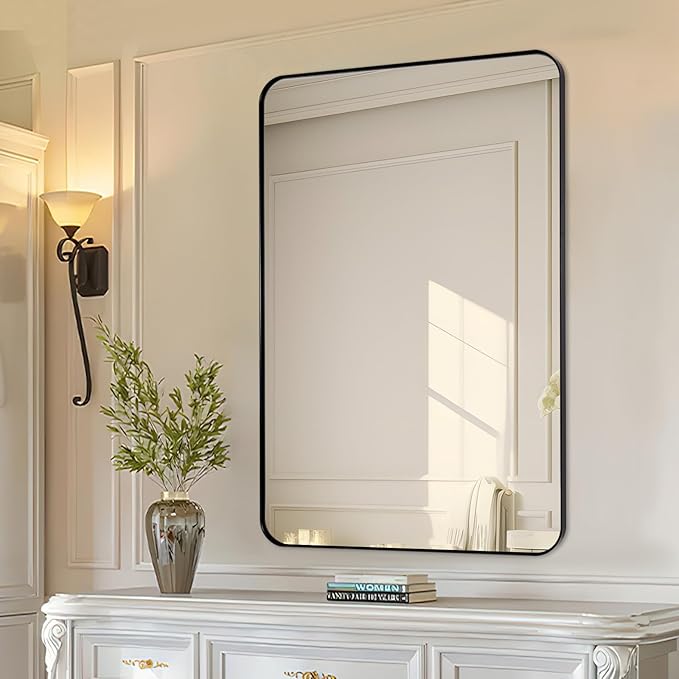 Black Bathroom Mirror 24"x36", Modern Round Corner Bathroom Vanity Mirror, Matte Black Wall Mirror for Bedroom, Living Room, Shatterproof, Anti-Rust, Wall Mounted Horizontal or Vertical