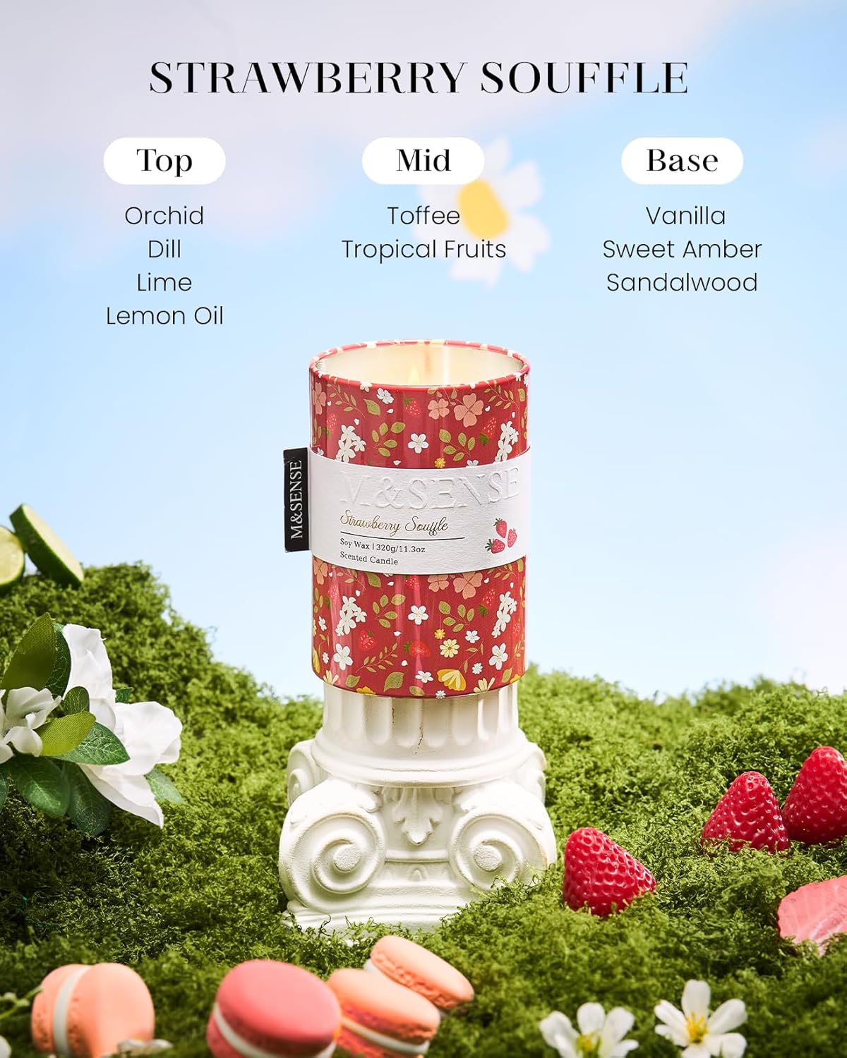 M&SENSE Strawberry Souffle Scented Candle, Medium Jar Candle 11.3oz Natural Soy Wax for Home Scented, Floral Candles Gift for Spring Holiday, Up to 70 Hours Burning Long-Lasting Fragrance