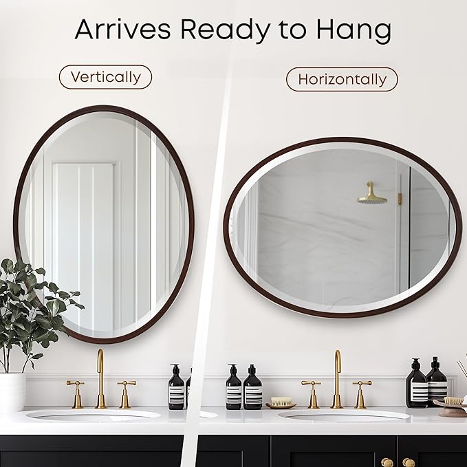 OVALCREST - Oval Wooden Beveled Wall Mirror for Home Decor, Bathroom, Vanity, Bedroom, Living Room, Hallway - London Style (Black Walnut) 17.1 x 21.1