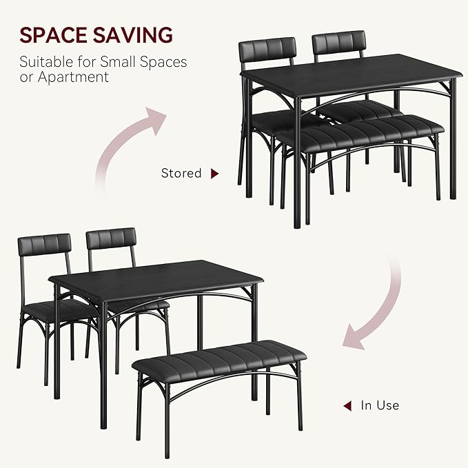 Garvee Dining Table Set for 4, Kitchen Table with Upholstered Bench and 2 Chairs, 4-Piece Wooden Dining Table Set for Apartment, Dining Room, Small Space, Black