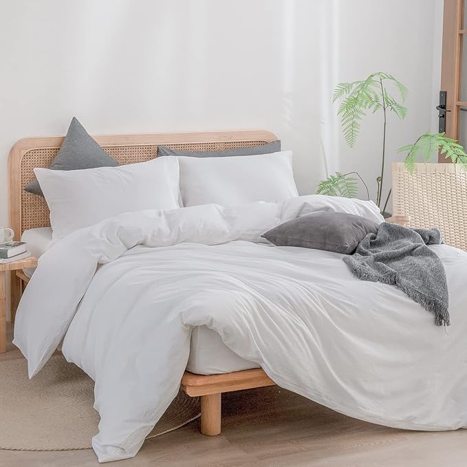 BESTOUCH Duvet Cover Set 100% Washed Cotton Linen Feel Super Soft Comfortable Chic Lightweight 3 PCs Home Bedding Set Solid Bright White Queen