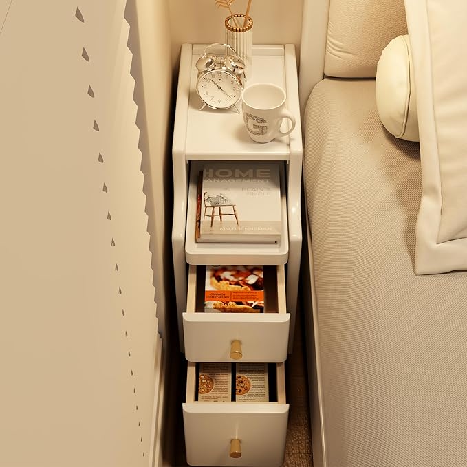 Narrow Nightstand with Drawers, Wood Bedside Table, Small White Nightstand Set of 2