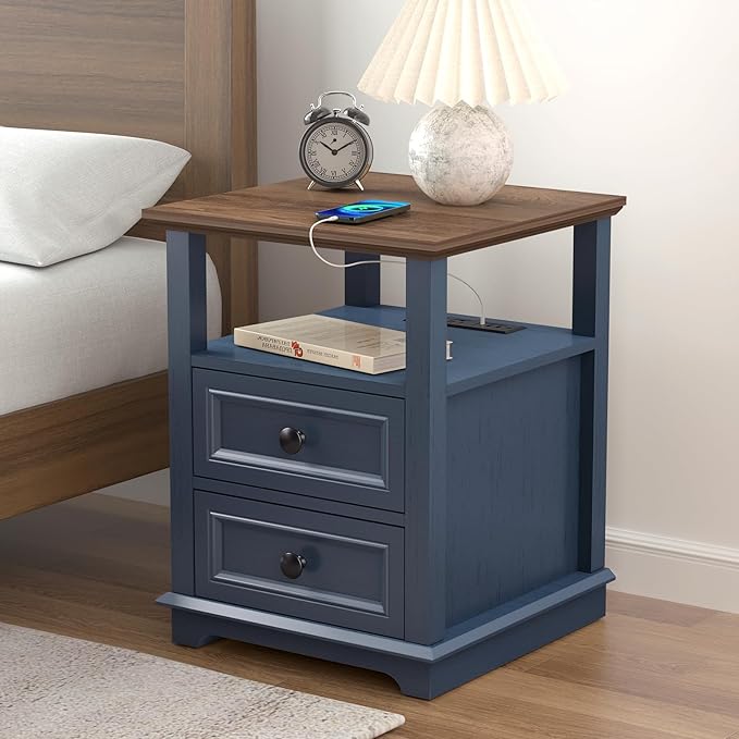 18" Wide End Table with Fast Charging Station Set of 2, 18” Wide Sofa Side Table with Drawers,End Table with Drawers for Living Room,Blue