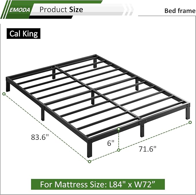 EMODA 6 Inch California King Bed Frames Heavy Duty Metal Cal King Platform with Steel Slats Support, No Box Spring Needed, Noise Free, Black