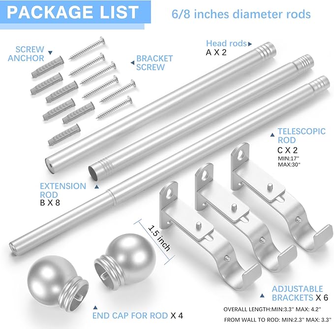 Curtain Rods for Windows 16 to 92 Inches, Curtain Rod Max Adjustable Length of 104 IN, 6/8" Diameter Drapery Rods Round Finials, Satin Silver, Pack of 2