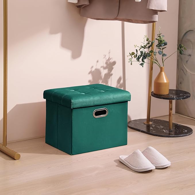 PRANDOM Ottoman with Storage [1-Pack] Velvet Folding Small Square Foot Stool with Lid for Living Room Bedroom Coffee Table Dorm Green 17x13x13 inches
