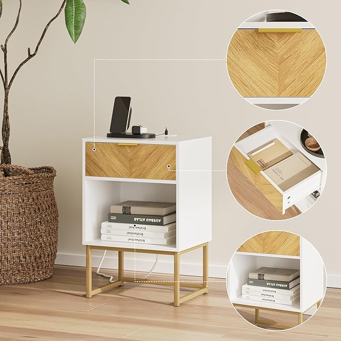 Masupu Nightstand with Charging Station,Modern Night Stand Boho Farmhouse Wood Bedside Table with Storage Drawer Side End Table for Bedroom,Living Room,Office,White with Outlet