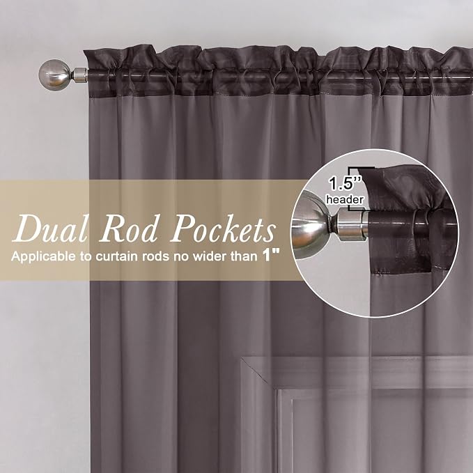 Lecloud Chocolate Sheer Curtains 72 Inches Long 2 Panels, Rod Pocket Voile - Image 2