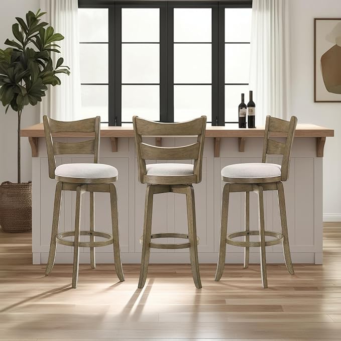 Armen Living Blair 30 in. Putty Brown Bar Height Rubberwood Swivel Barstool with Cream Fabric Seat - Set of 4