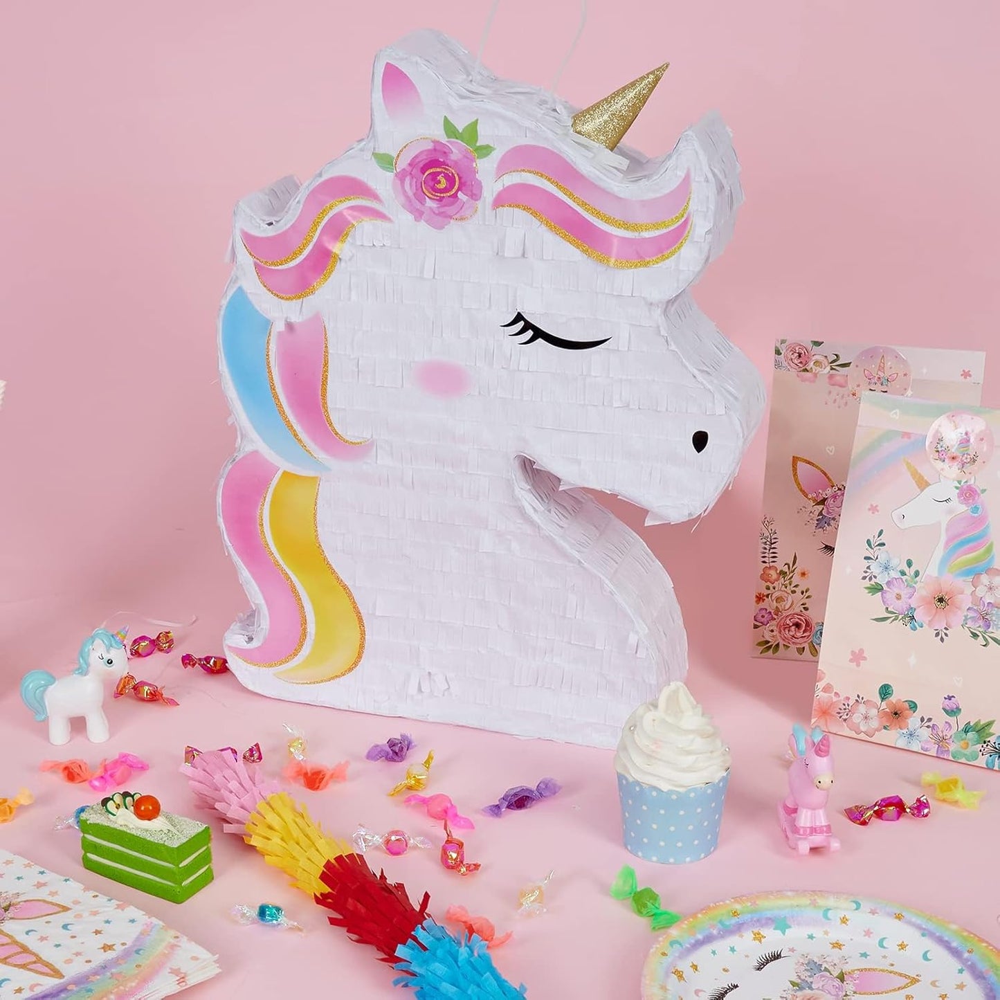 WERNNSAI Unicorn Piñata - Unicorn Party Supplies Piñata Bundle with Blindfold and Bat for Girls Kids Rainbow Unicorn Theme Birthday Party Game Decorations (15.7" x 12.2" x 3.1")